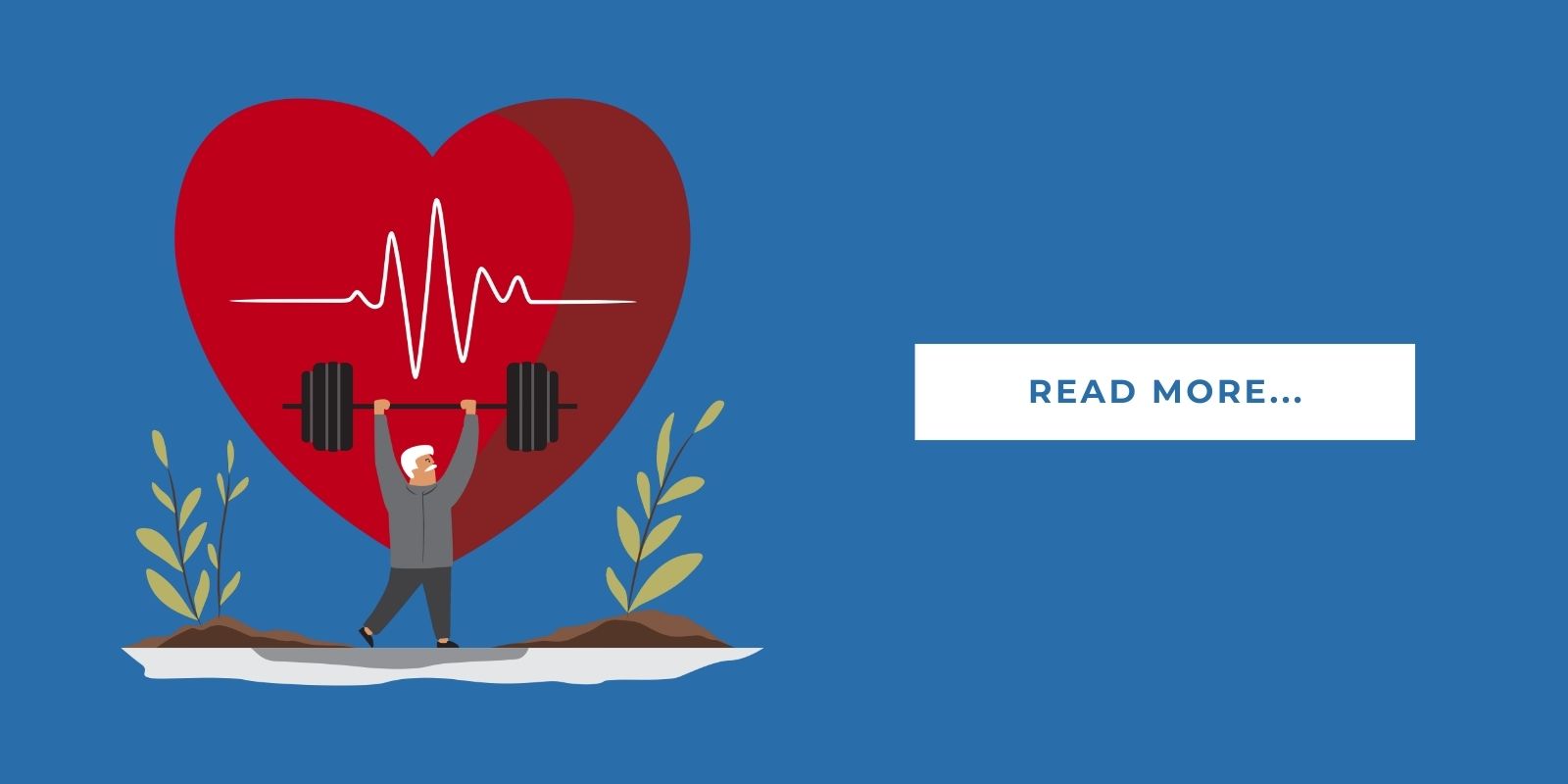 Blog Header Illustration of a senior lifting weight with a heart symbol in the background and it says 'read more'