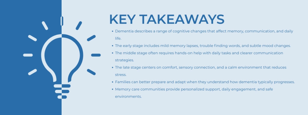 Infographic that says Key Takeaways Social and recreational programs are important for building connections and staying engaged.
Wellness opportunities that support both mind and body contribute to overall well-being.
Everyday conveniences like transportation and housekeeping free up time for enjoyable activities.
A warm, welcoming atmosphere created by the team and common spaces makes a community feel like home.